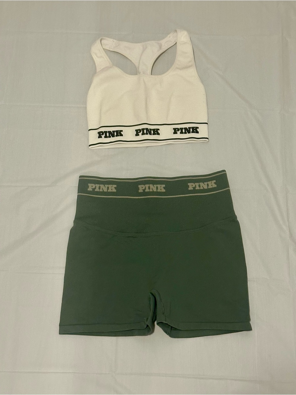 PINK Victoria's Secret White Sports Bra with Green Bike Shorts